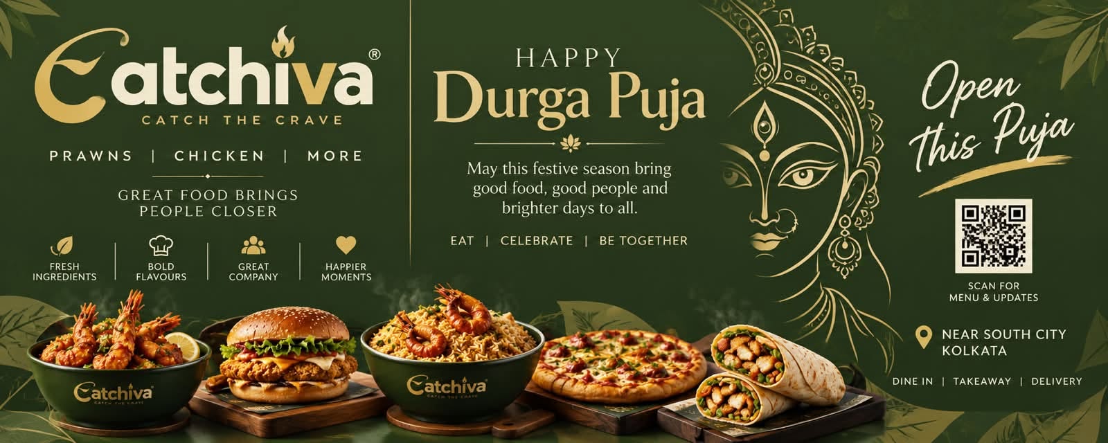 Catchiva — Open this Durga Puja. Catch the Crave with Prawns, Chicken & More. Near South City, Kolkata.